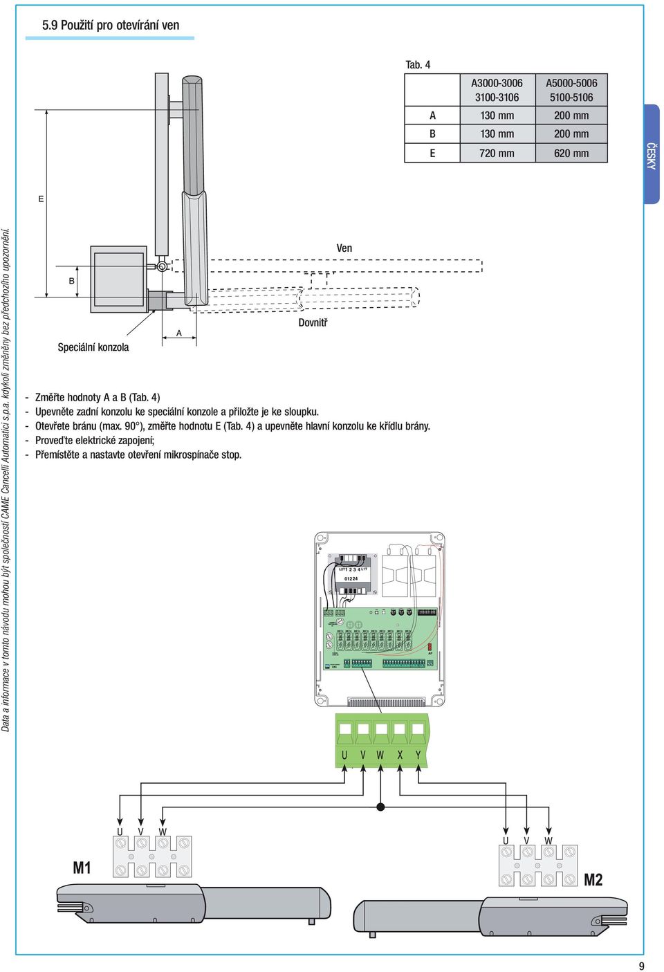 společností CAME Cancelli Automatici s.p.a. kdykoli změněny bez předchozího upozornění. Speciální konzola Dovnitř - Změřte hodnoty A a B (Tab.