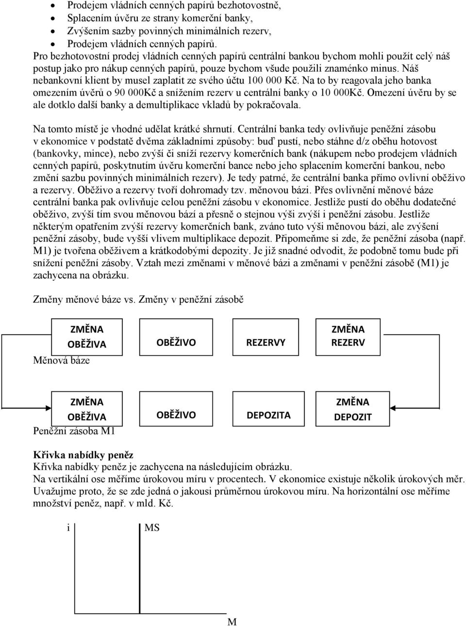 Náš nebankovní klient by musel zaplatit ze svého účtu 100 000 Kč. Na to by reagovala jeho banka omezením úvěrů o 90 000Kč a snížením rezerv u centrální banky o 10 000Kč.