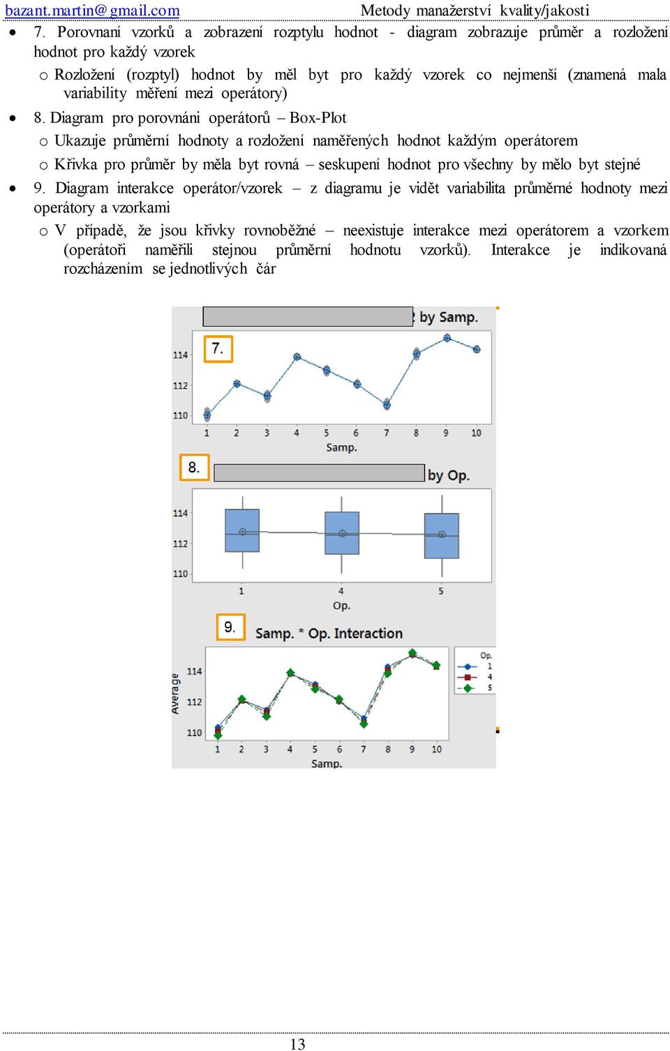 Diagram pro porovnáni operátorů Box-Plot o Ukazuje průměrní hodnoty a rozložení naměřených hodnot každým operátorem o Křivka pro průměr by měla byt rovná seskupení hodnot pro všechny by