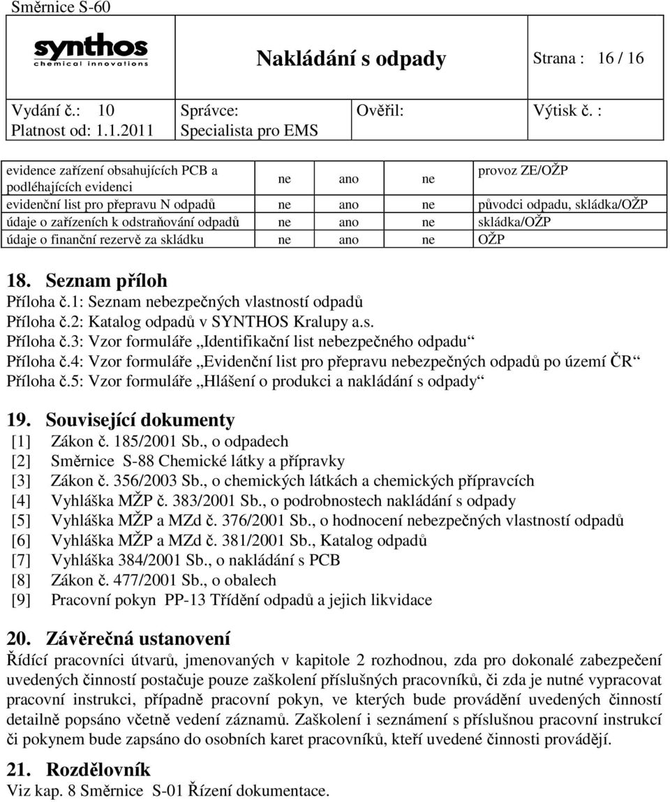 2: Katalog odpadů v SYNTHOS Kralupy a.s. Příloha č.3: Vzor formuláře Identifikační list nebezpečného odpadu Příloha č.