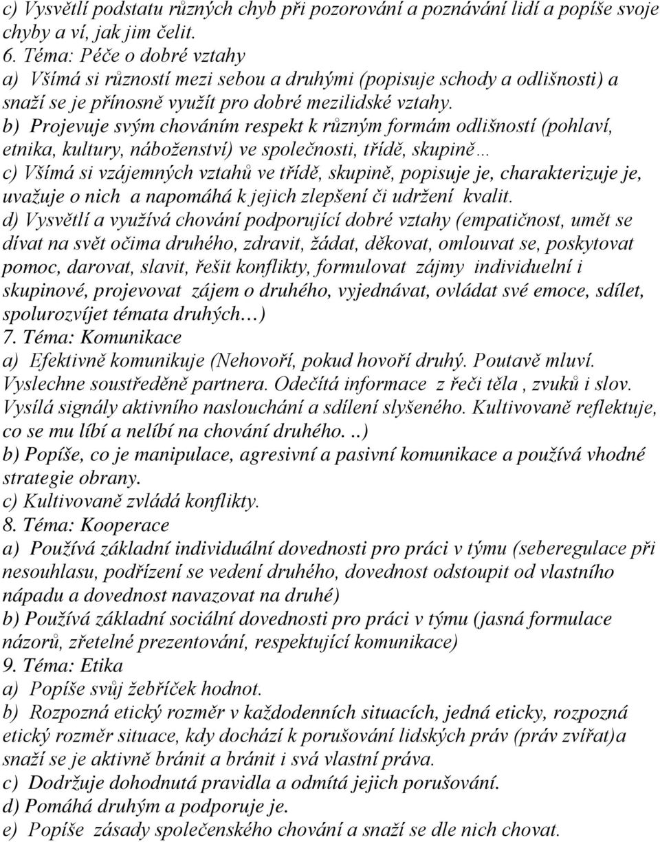 b) Projevuje svým chováním respekt k různým formám odlišností (pohlaví, etnika, kultury, náboženství) ve společnosti, třídě, skupině c) Všímá si vzájemných vztahů ve třídě, skupině, popisuje je,