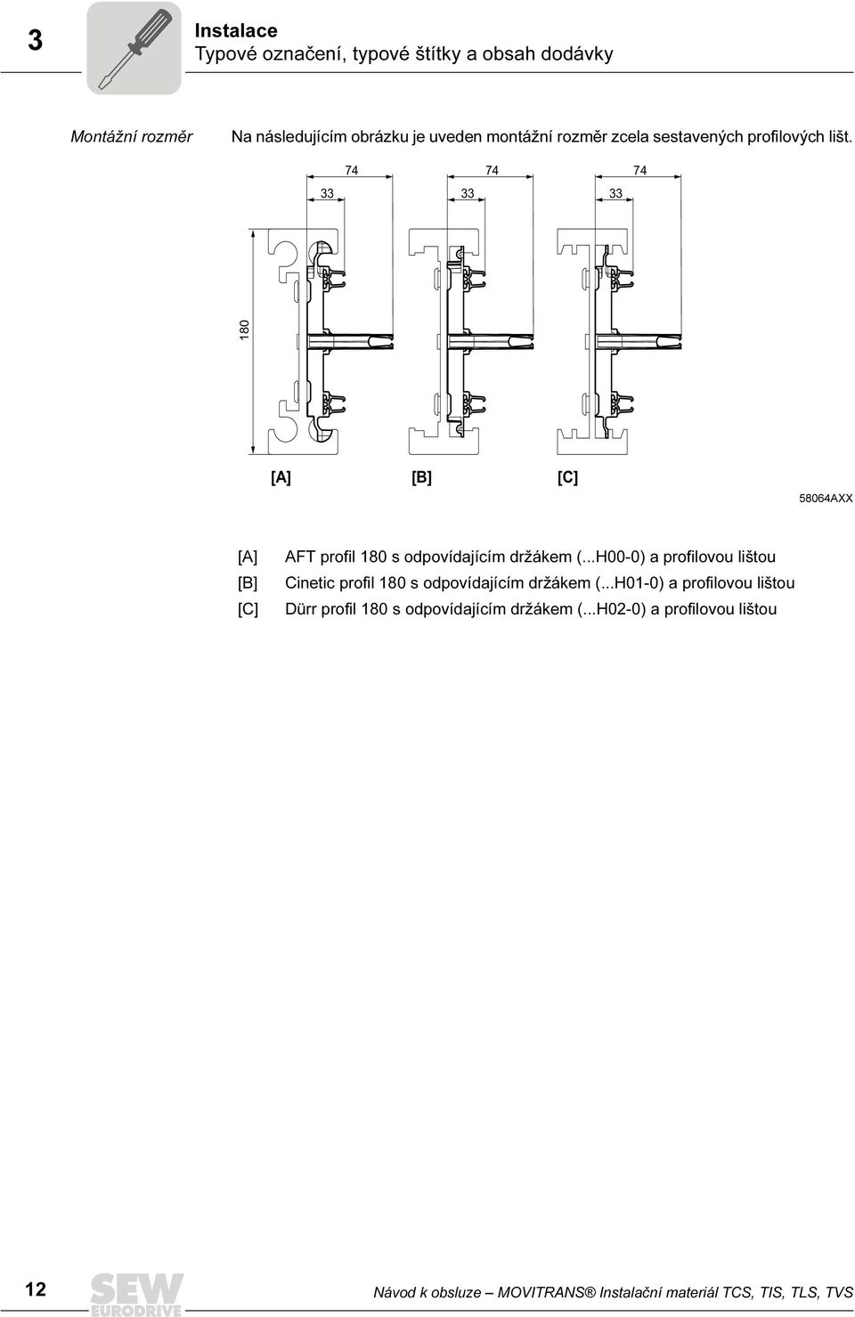 33 74 33 74 33 74 180 [A] [B] [C] 58064AXX [A] [B] [C] AFT profil 180 s odpovídajícím držákem (.