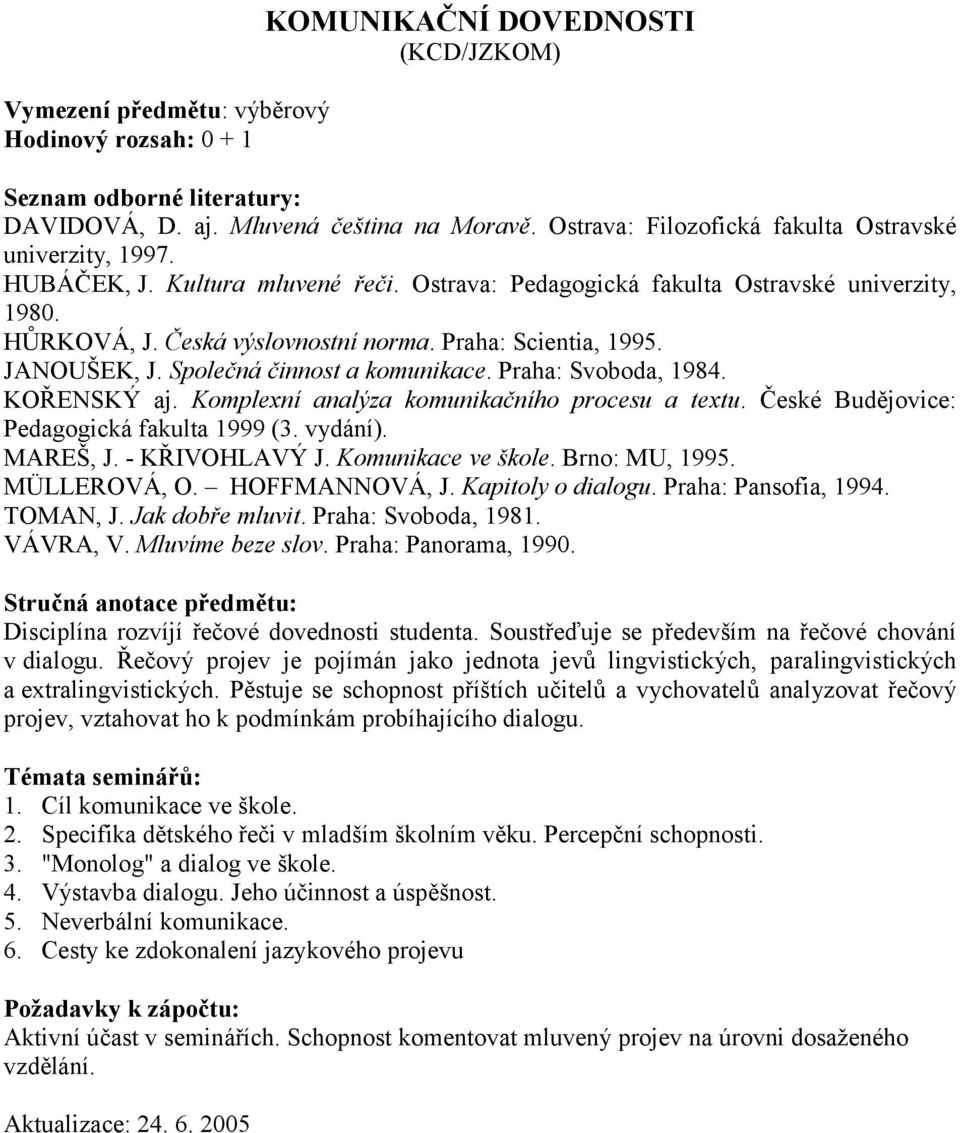 Praha: Svoboda, 1984. KOŘENSKÝ aj. Komplexní analýza komunikačního procesu a textu. České Budějovice: Pedagogická fakulta 1999 (3. vydání). MAREŠ, J. - KŘIVOHLAVÝ J. Komunikace ve škole.