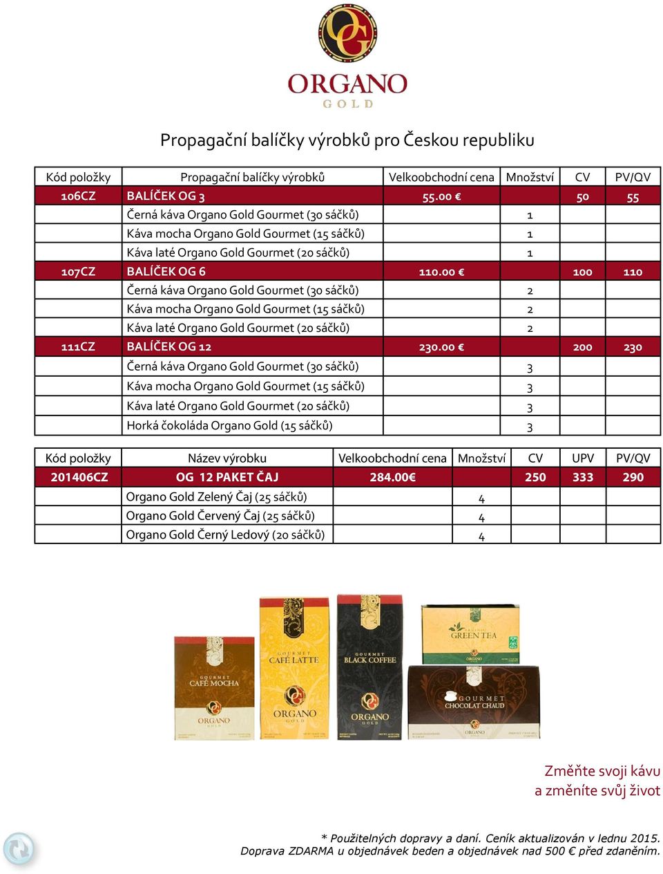 00 100 110 Černá káva Organo Gold Gourmet (30 sáčků) 2 Káva mocha Organo Gold Gourmet (15 sáčků) 2 Káva laté Organo Gold Gourmet (20 sáčků) 2 111CZ BALÍČEK OG 12 230.