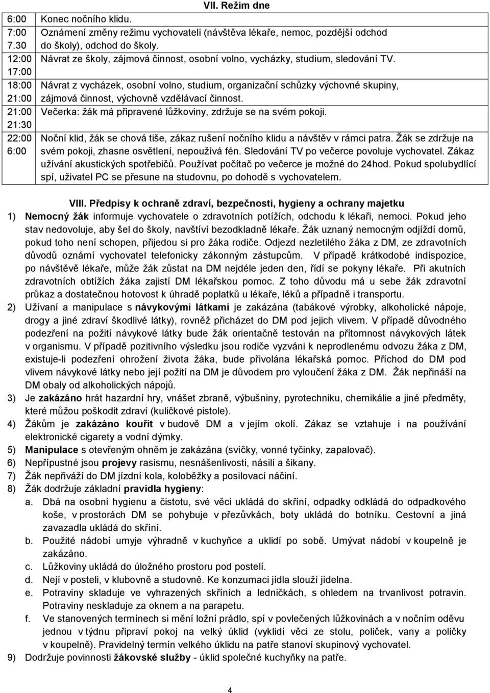 17:00 18:00 Návrat z vycházek, osobní volno, studium, organizační schůzky výchovné skupiny, 21:00 zájmová činnost, výchovně vzdělávací činnost.