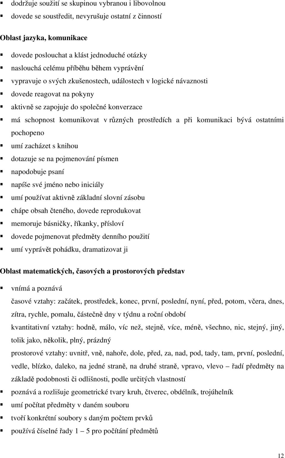 při komunikaci bývá ostatními pochopeno umí zacházet s knihou dotazuje se na pojmenování písmen napodobuje psaní napíše své jméno nebo iniciály umí používat aktivně základní slovní zásobu chápe obsah