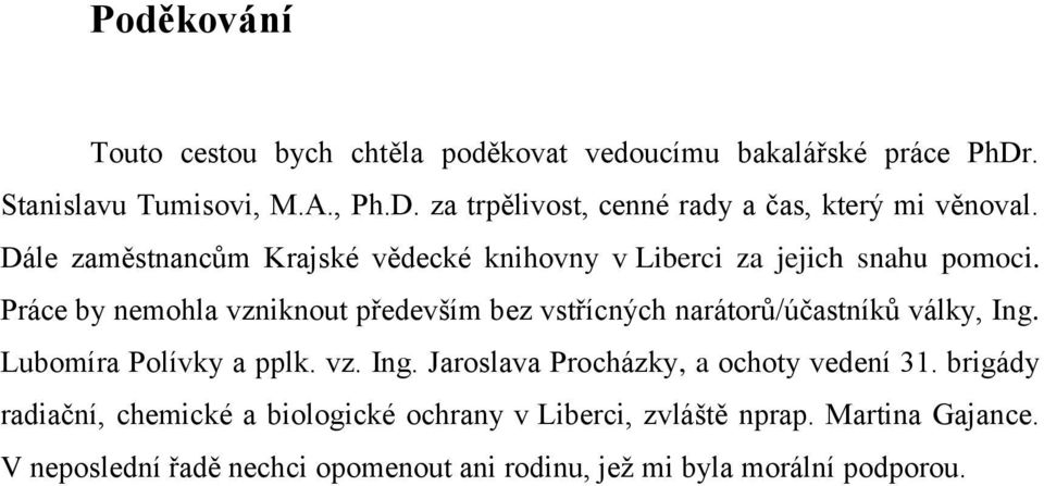 Práce by nemohla vzniknout především bez vstřícných narátorů/účastníků války, Ing. Lubomíra Polívky a pplk. vz. Ing. Jaroslava Procházky, a ochoty vedení 31.