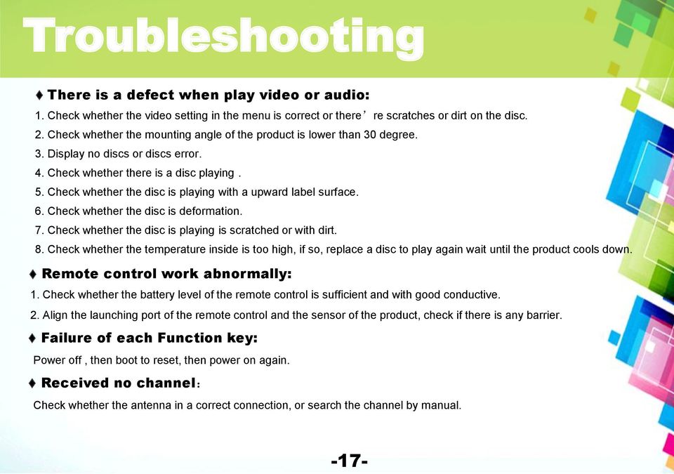 Check whether the disc is playing with a upward label surface. 6. Check whether the disc is deformation. 7. Check whether the disc is playing is scratched or with dirt. 8.