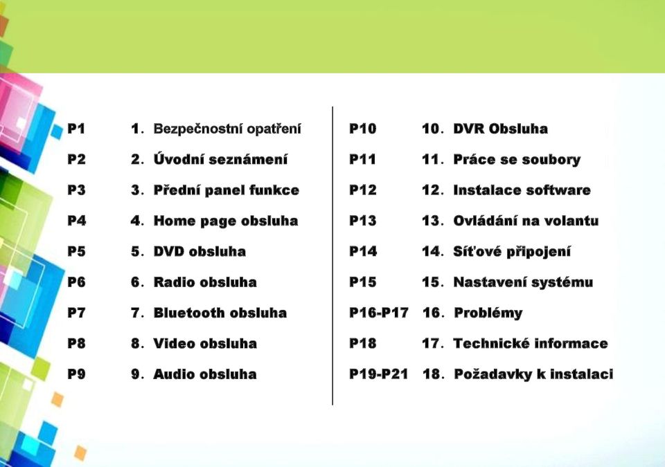 D V D obsluha P14 14.Síťové připojení P6 6.Radio obsluha P15 15.Nastavení systému P7 7.