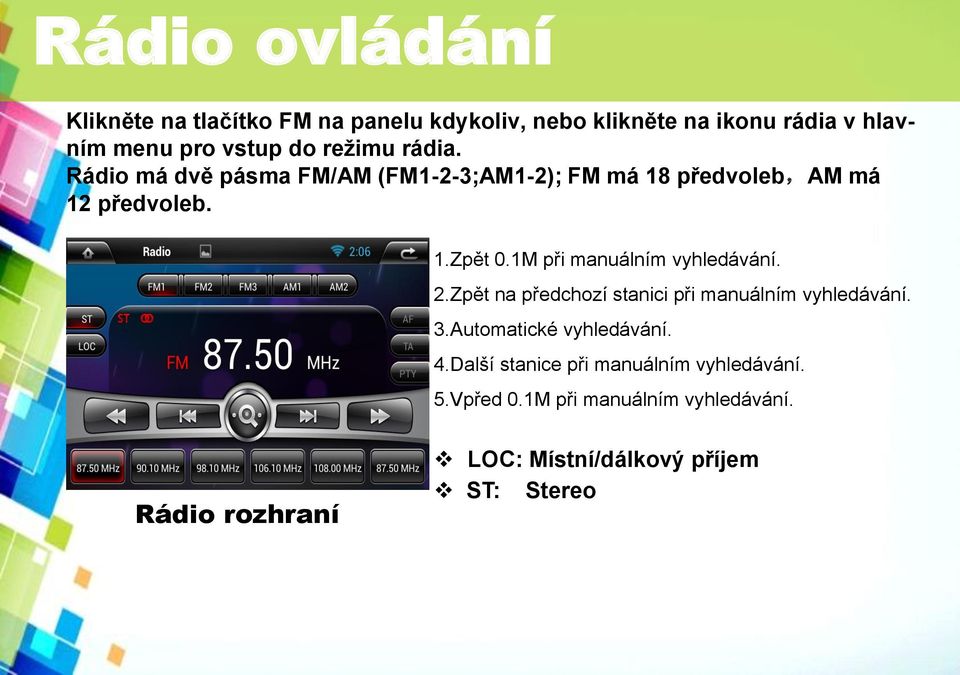 1M při manuálním vyhledávání. 2.Zpět na předchozí stanici při manuálním vyhledávání. 3.Automatické vyhledávání. 4.