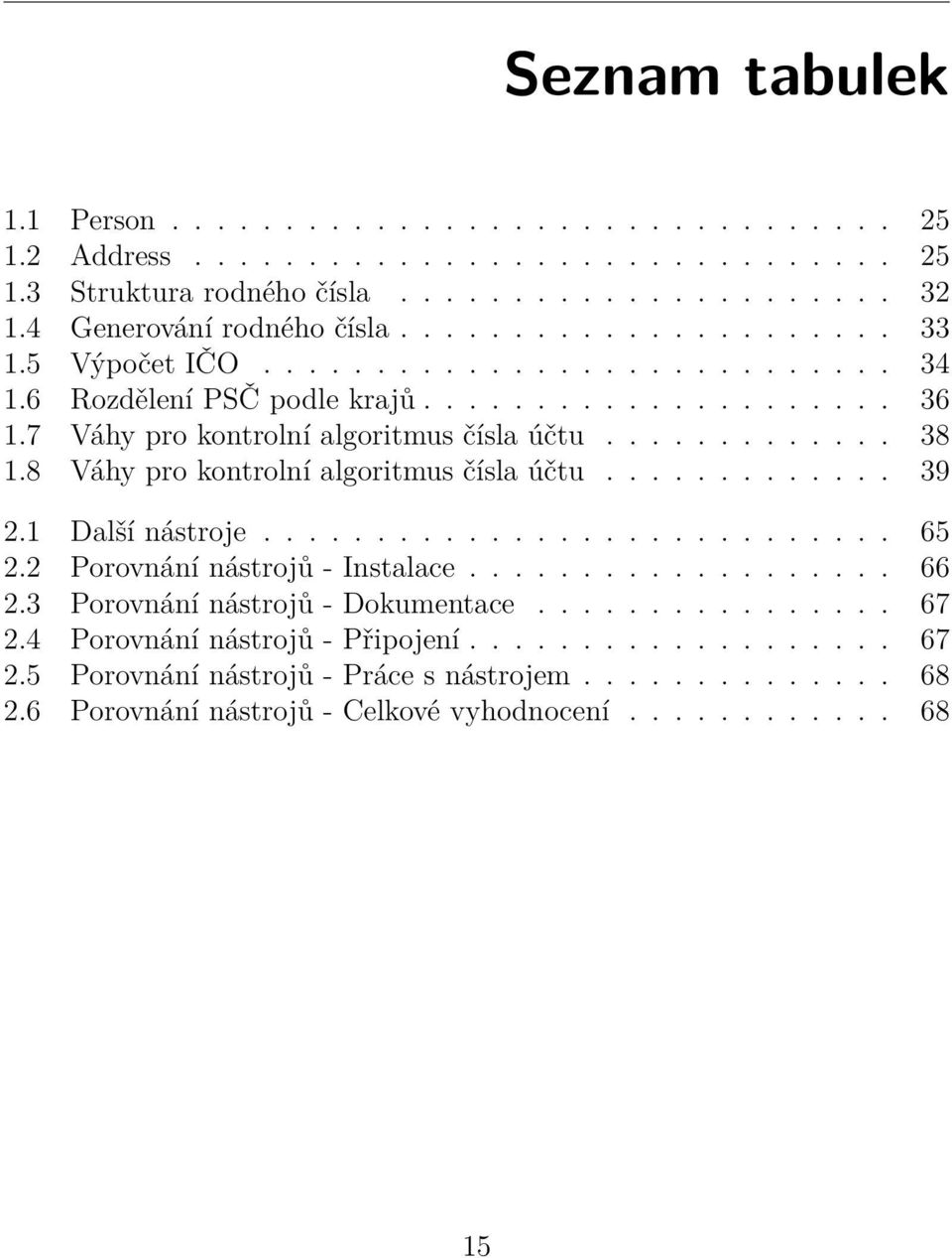 8 Váhy pro kontrolní algoritmus čísla účtu............. 39 2.1 Další nástroje............................ 65 2.2 Porovnání nástrojů - Instalace................... 66 2.