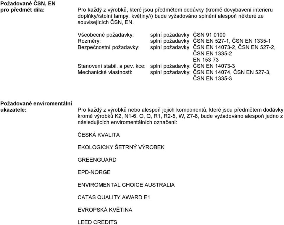 Všeobecné požadavky: Rozměry: Bezpečnostní požadavky: splní požadavky ČSN 91 0100 splní požadavky ČSN EN 527-1, ČSN EN 1335-1 splní požadavky ČSN EN 14073-2, ČSN EN 527-2, ČSN EN 1335-2 EN 153 73