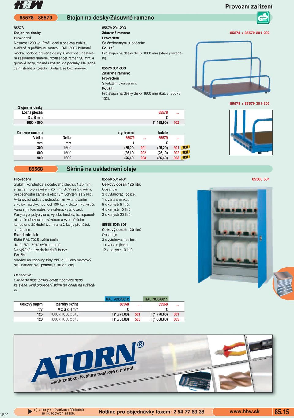 Se čtyřhranným ukončením Pro stojan na desky délky 1600 mm (staré provedení) 85579 301-303 Zásuvné rameno S kulatým ukončením Pro stojan na desky délky 1600 mm (kat č 85578 102) Stojan na desky Ložná