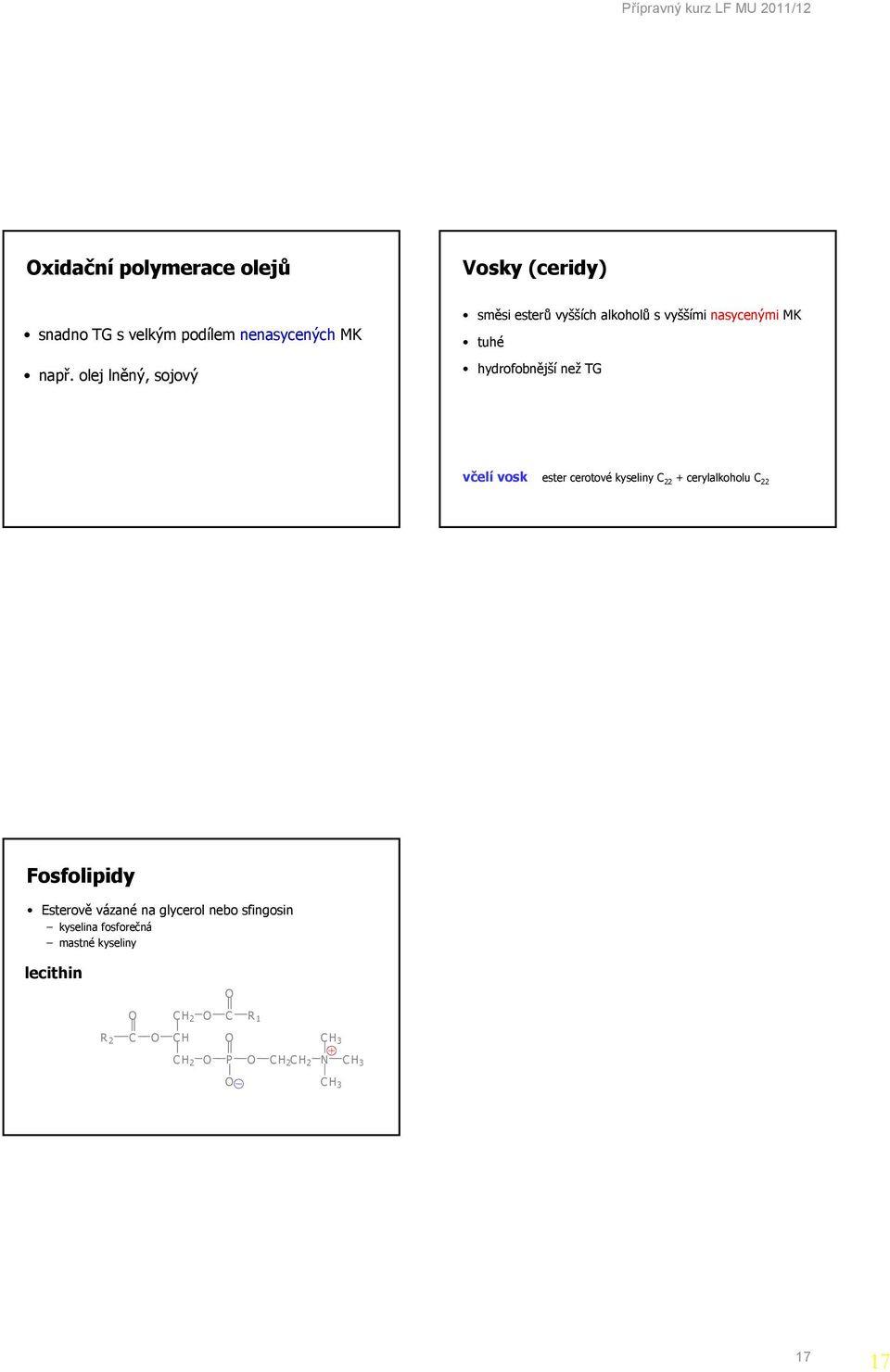 hydrofobnější než TG včelí vosk ester cerotové kyseliny 22 + cerylalkoholu 22 Fosfolipidy