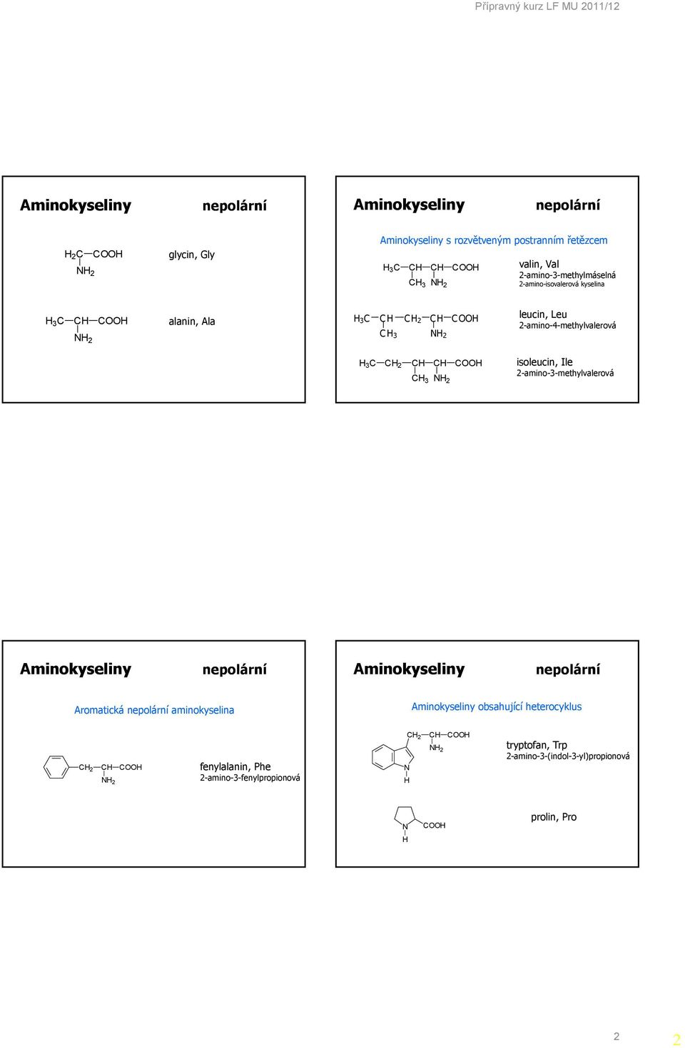 2-amino-3-methylvalerová nepolární nepolární Aromatická nepolární aminokyselina obsahující heterocyklus