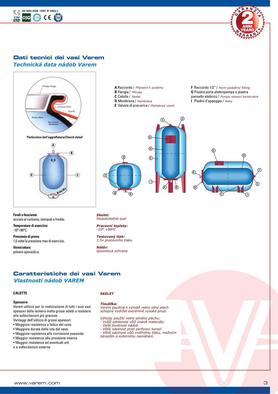 Membrana / Membrane Membrána E Valvola di precarica / Precharge P etlakový ventil valve F accordo 1/2 / Top orní support podp rný fitting fitting G Piastra porta elettropompa o piastra pannello