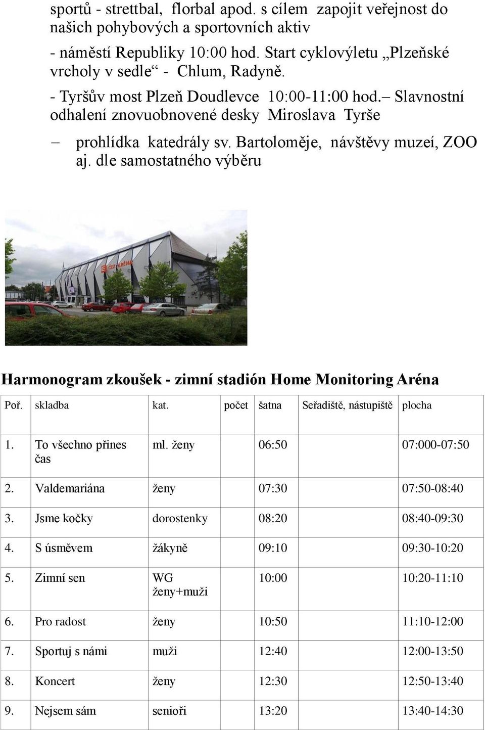 dle samostatného výběru Harmonogram zkoušek - zimní stadión Home Monitoring Aréna Poř. skladba kat. počet šatna Seřadiště, nástupiště plocha 1. To všechno přines čas ml. ženy 06:50 07:000-07:50 2.