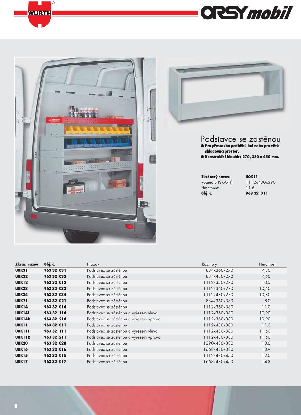 Název Rozměry Hmotnost UOK31 963 32 031 Podstavec se zástěnou 834x360x270 7,30 UOK32 963 32 032 Podstavec se zástěnou 834x430x270 7,50 UOK12 963 32 012 Podstavec se zástěnou 1112x350x270 10,5 UOK33