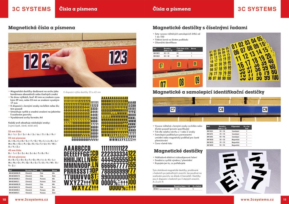 vysokým 39 mm, nebo 23 mm se znakem vysokým 17 mm K dispozici s černými znaky na bílém nebo žlutém pozadí Umožňuje rychlé a snadné značení na jakémkoli ocelovém povrchu Vysekávané archy formátu A4 K