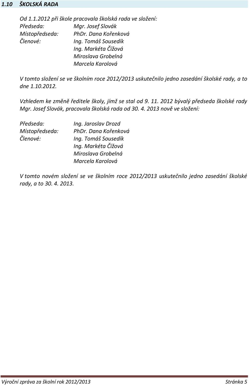 11. 2012 bývalý předseda školské rady Mgr. Josef Slovák, pracovala školská rada od 30. 4. 2013 nově ve složení: Předseda: Místopředseda: Členové: Ing. Jaroslav Drozd PhDr. Dana Kořenková Ing.