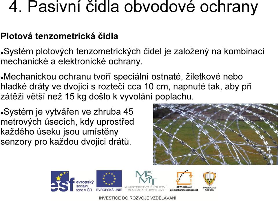 Mechanickou ochranu tvoří speciální ostnaté, žiletkové nebo hladké dráty ve dvojici s roztečí cca 10 cm, napnuté