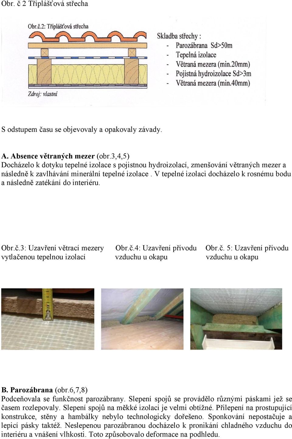 V tepelné izolaci docházelo k rosnému bodu a následně zatékání do interiéru. Obr.č.3: Uzavření větrací mezery Obr.č.4: Uzavření přívodu Obr.č. 5: Uzavření přívodu vytlačenou tepelnou izolací vzduchu u okapu vzduchu u okapu B.