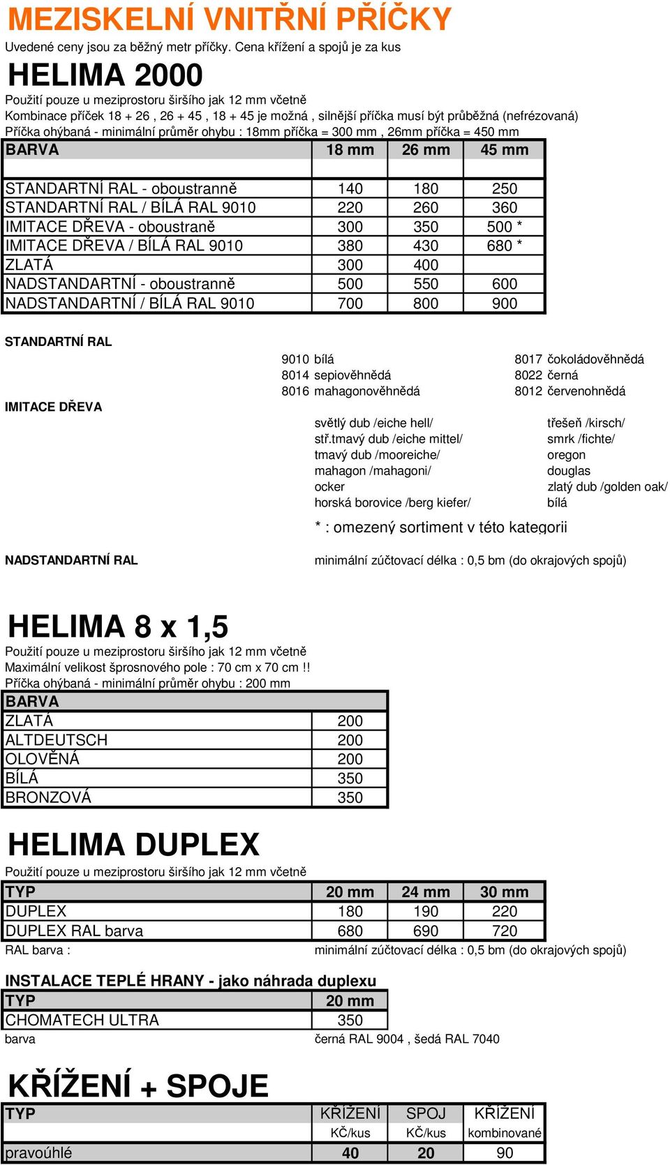 Příčka ohýbaná - minimální průměr ohybu : 18mm příčka = 300 mm, 26mm příčka = 450 mm BARVA 18 mm 26 mm 45 mm STANDARTNÍ RAL - oboustranně 140 180 250 STANDARTNÍ RAL / BÍLÁ RAL 9010 220 260 360