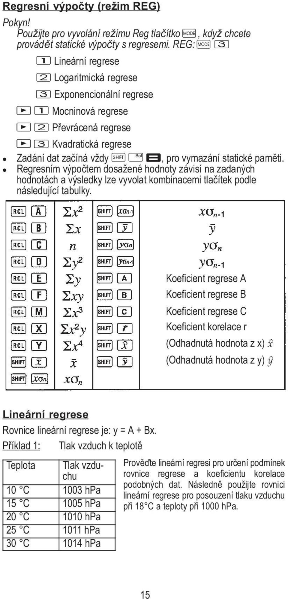 Regresním výpočtem dosažené hodnoty závisí na zadaných hodnotách a výsledky lze vyvolat kombinacemi tlačítek podle následující tabulky.