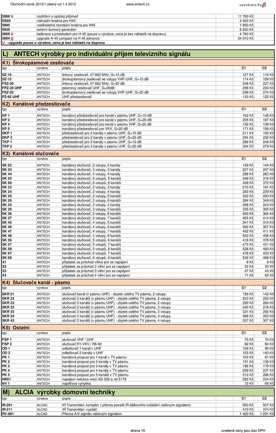 ANTECH výrobky pro individuální příjem televizního signálu K1) Širokopásmové zesilovače SZ-10 ANTECH linkový zesilovač, 47-862 MHz, G=10 db 127 Kč 116 Kč SZ-12 ANTECH širokopásmový zesilovač se