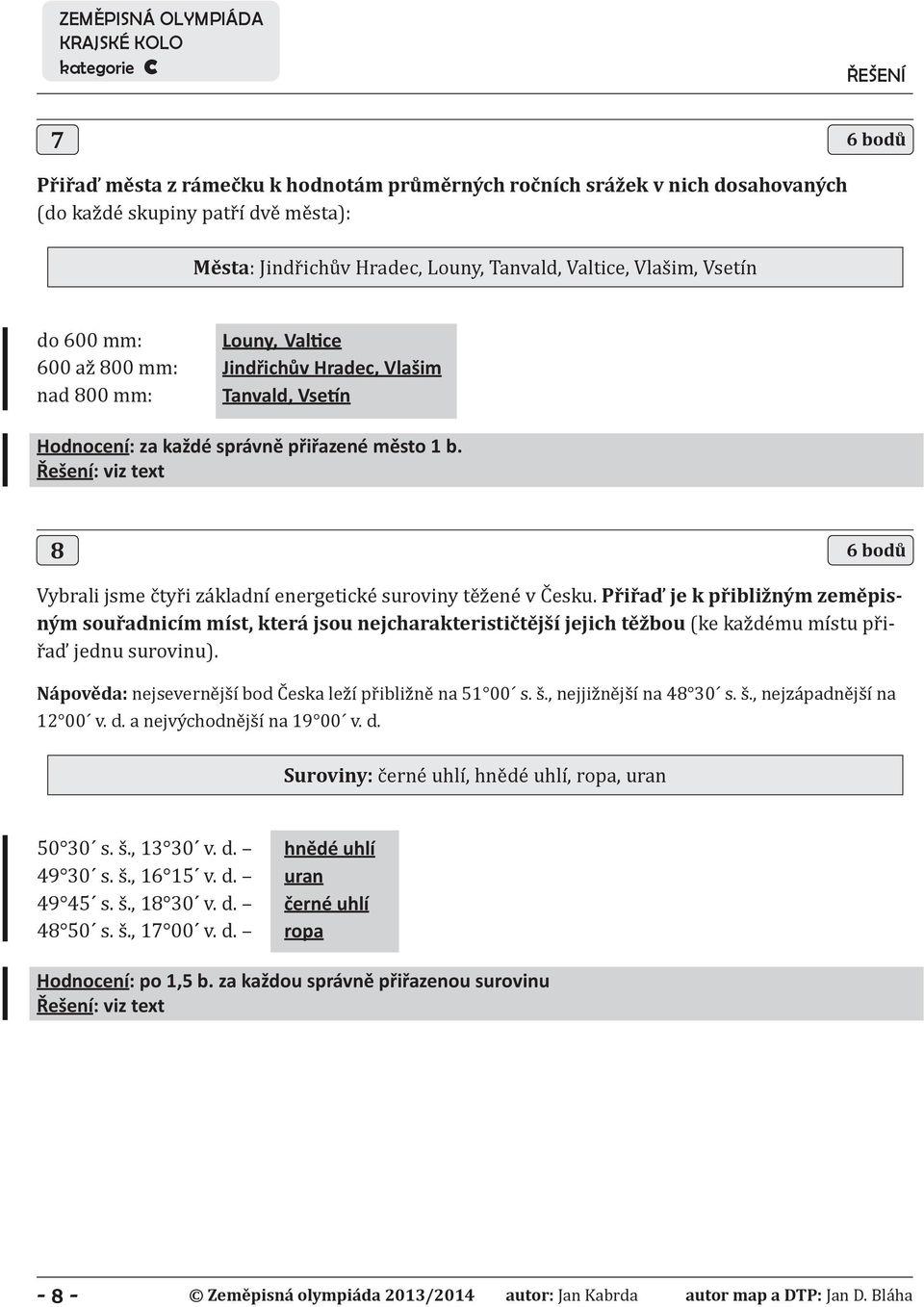 Řešení: viz text 8 6 bodů Vybrali jsme čtyři základní energetické suroviny těžené v Česku.