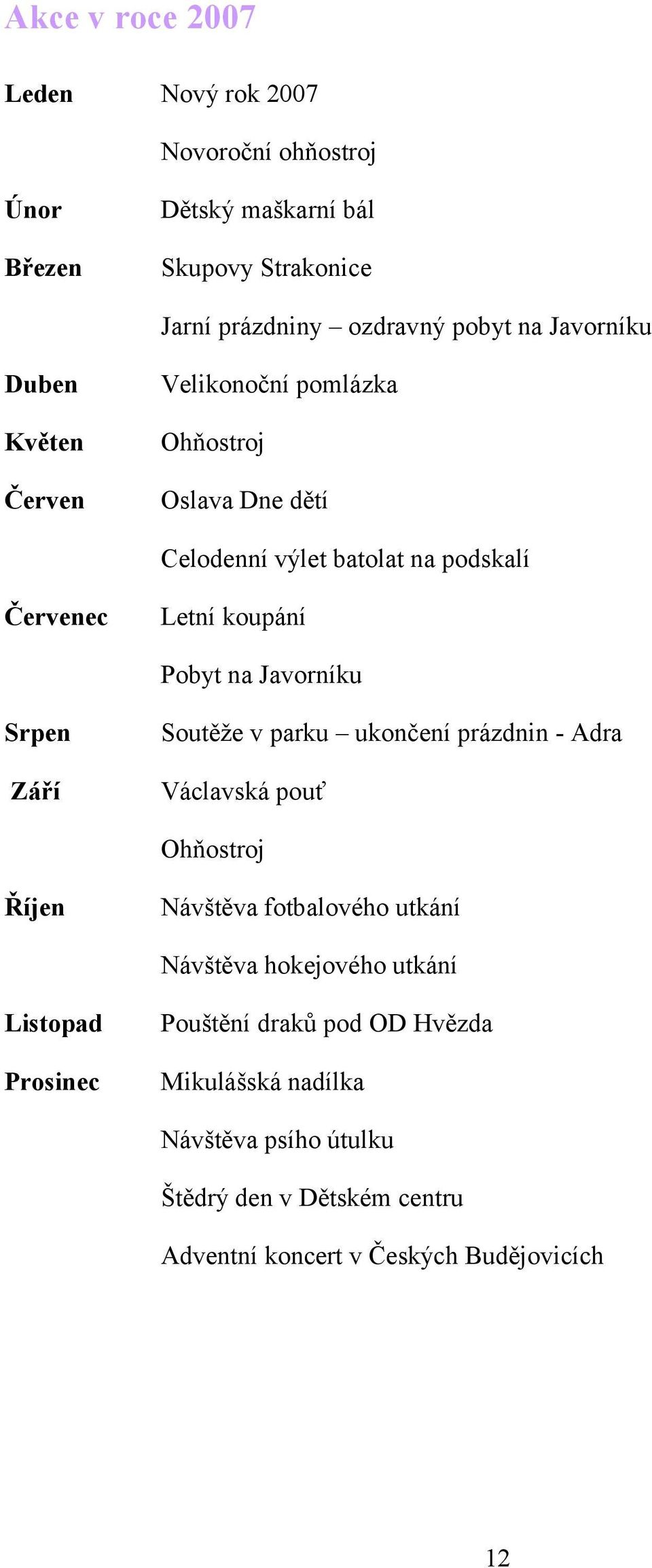 Javorníku Srpen Září Soutěţe v parku ukončení prázdnin - Adra Václavská pouť Ohňostroj Říjen Návštěva fotbalového utkání Návštěva hokejového utkání