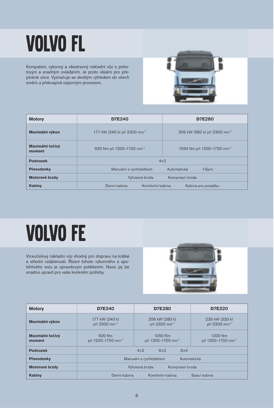 Motory D7E240 D7E280 Maximální výkon 177 kw (240 k) při 2300 min -1 206 kw (280 k) při 2300 min -1 Maximální točivý moment 920 Nm při 1200 1700 min -1 1050 Nm při 1200 1700 min -1 Podvozek 4 2