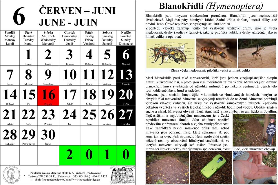 Roland Vít Zbyněk Adolf Milan Leoš Květa 21 22 23 24 25 26 27 Alois Pavla Zdeňka Jan Ivan Adriana Ladislav 28 29 30 Lubomír Petr a Pavel Šárka 2 0 1 0 Blanokřídlí (Hymenoptera) Blanokřídlí jsou