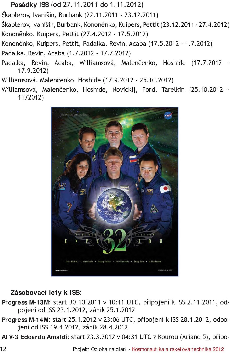 7.2012 17.9.2012) Williamsová, Malenčenko, Hoshide (17.9.2012 25.10.2012) Williamsová, Malenčenko, Hoshide, Novickij, Ford, Tarelkin (25.10.2012-11/2012) Zásobovací lety k ISS: Progress M-13M: start 30.