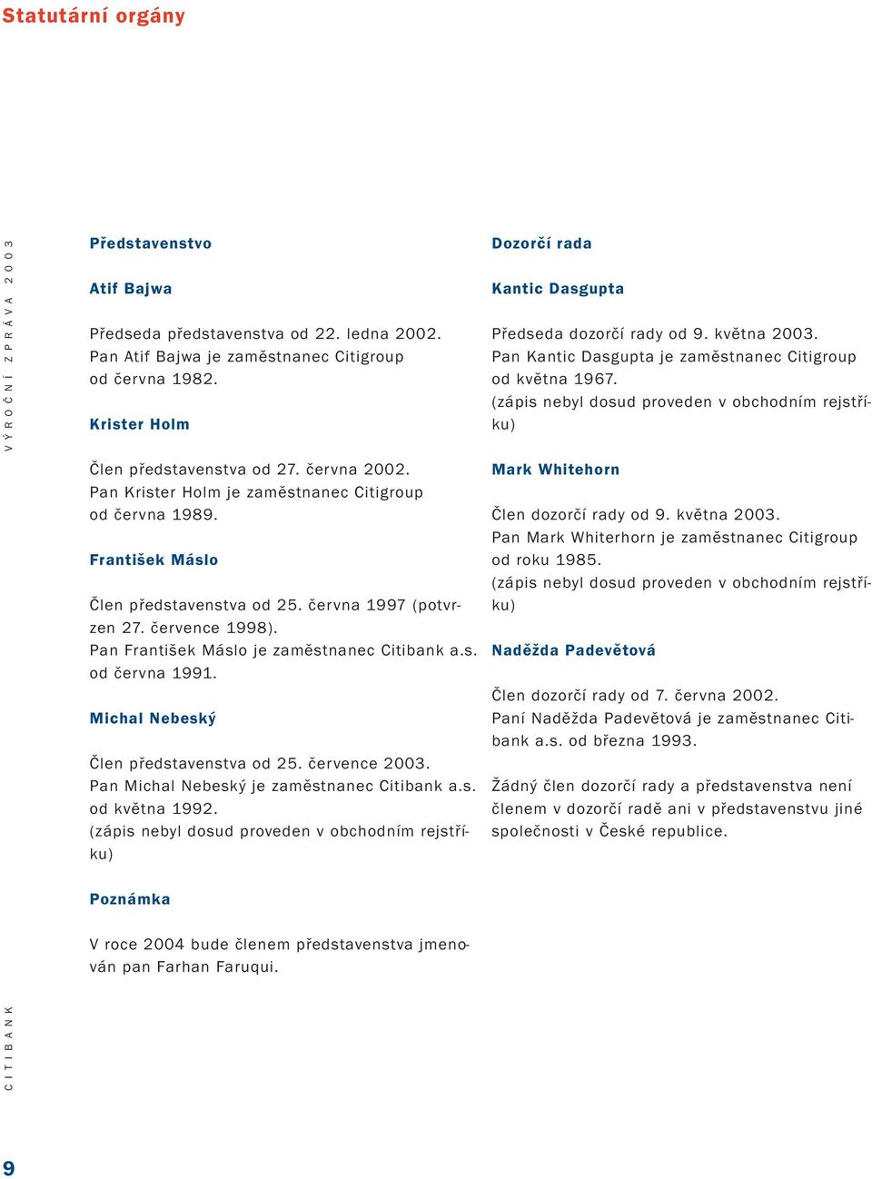 Pan František Máslo je zaměstnanec Citibank a.s. od června 1991. Michal Nebeský Člen představenstva od 25. července 2003. Pan Michal Nebeský je zaměstnanec Citibank a.s. od května 1992.