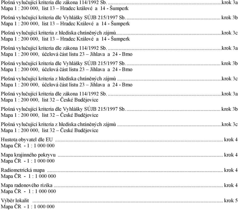 ..krok 3c Mapa 1 : 200 000, list 13 Hradec Králové a 14 - Šumperk Plošná vylučující kriteria dle zákona 114/1992 Sb.