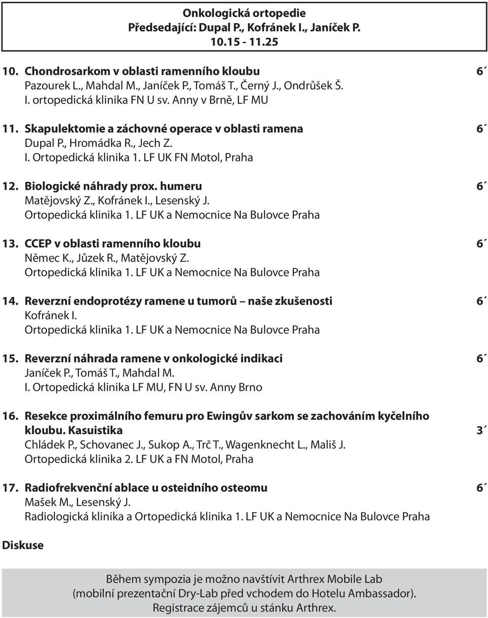 humeru 6 Matějovský Z., Kofránek I., Lesenský J. 13. CCEP v oblasti ramenního kloubu 6 Němec K., Jůzek R., Matějovský Z. 14. Reverzní endoprotézy ramene u tumorů naše zkušenosti 6 Kofránek I. 15.