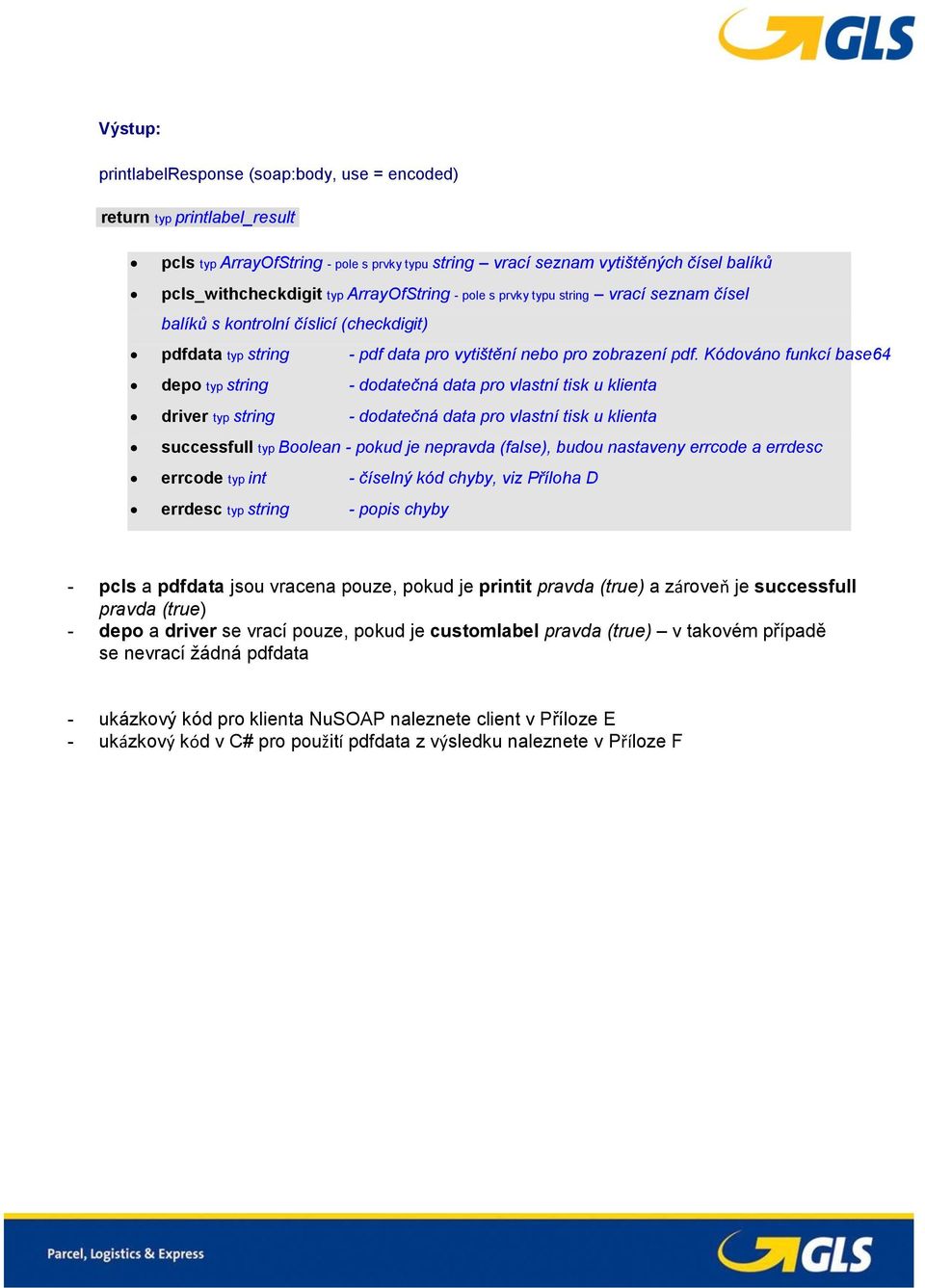 Kódováno funkcí base64 depo typ string - dodatečná data pro vlastní tisk u klienta driver typ string - dodatečná data pro vlastní tisk u klienta successfull typ Boolean - pokud je nepravda (false),