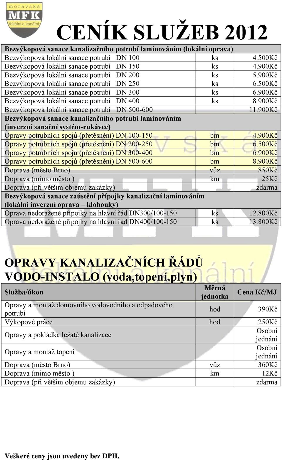 900Kč Bezvýkopová lokální sanace potrubí DN 400 ks 8.900Kč Bezvýkopová lokální sanace potrubí DN 500-600 11.