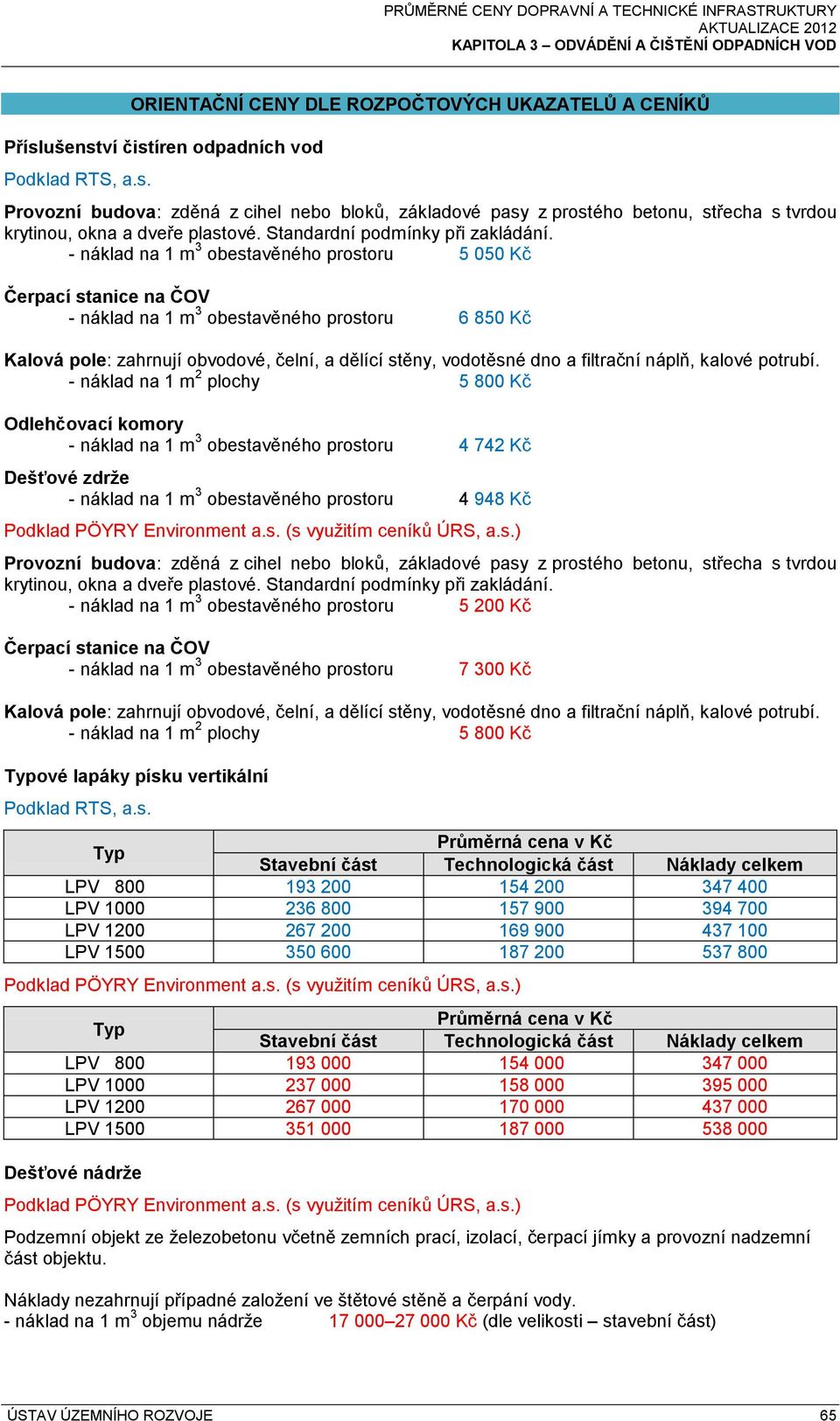 - náklad na 1 m 3 obestavěného prostoru 5 050 Kč Čerpací stanice na ČOV - náklad na 1 m 3 obestavěného prostoru 6 850 Kč Kalová pole: zahrnují obvodové, čelní, a dělící stěny, vodotěsné dno a