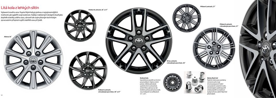 Podium II, antracit, 16 a 17 Pitlane II, antracit, 17 Pitlane II, antracit, s broušeným povrchem, 17 Athena 16 Orion, antracit, s broušeným povrchem, 16 Ocelová kola Zámky litých kol Speciálně pro