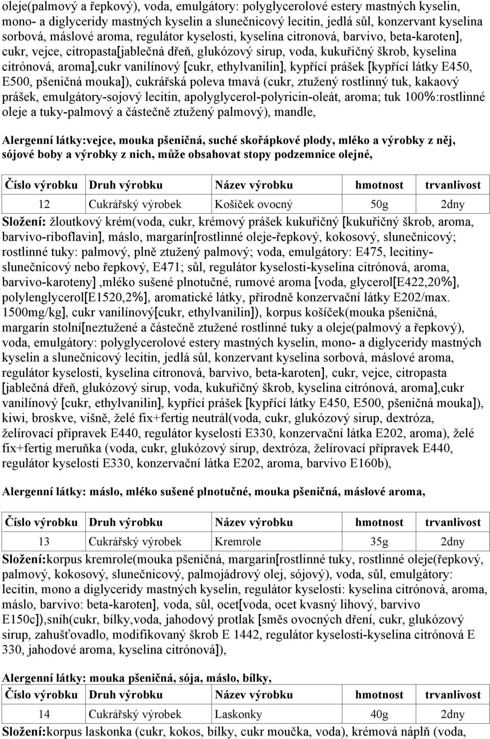 [cukr, ethylvanilin], kypřící prášek [kypřící látky E450, E500, pšeničná mouka]), cukrářská poleva tmavá (cukr, ztužený rostlinný tuk, kakaový prášek, emulgátory-sojový lecitin,