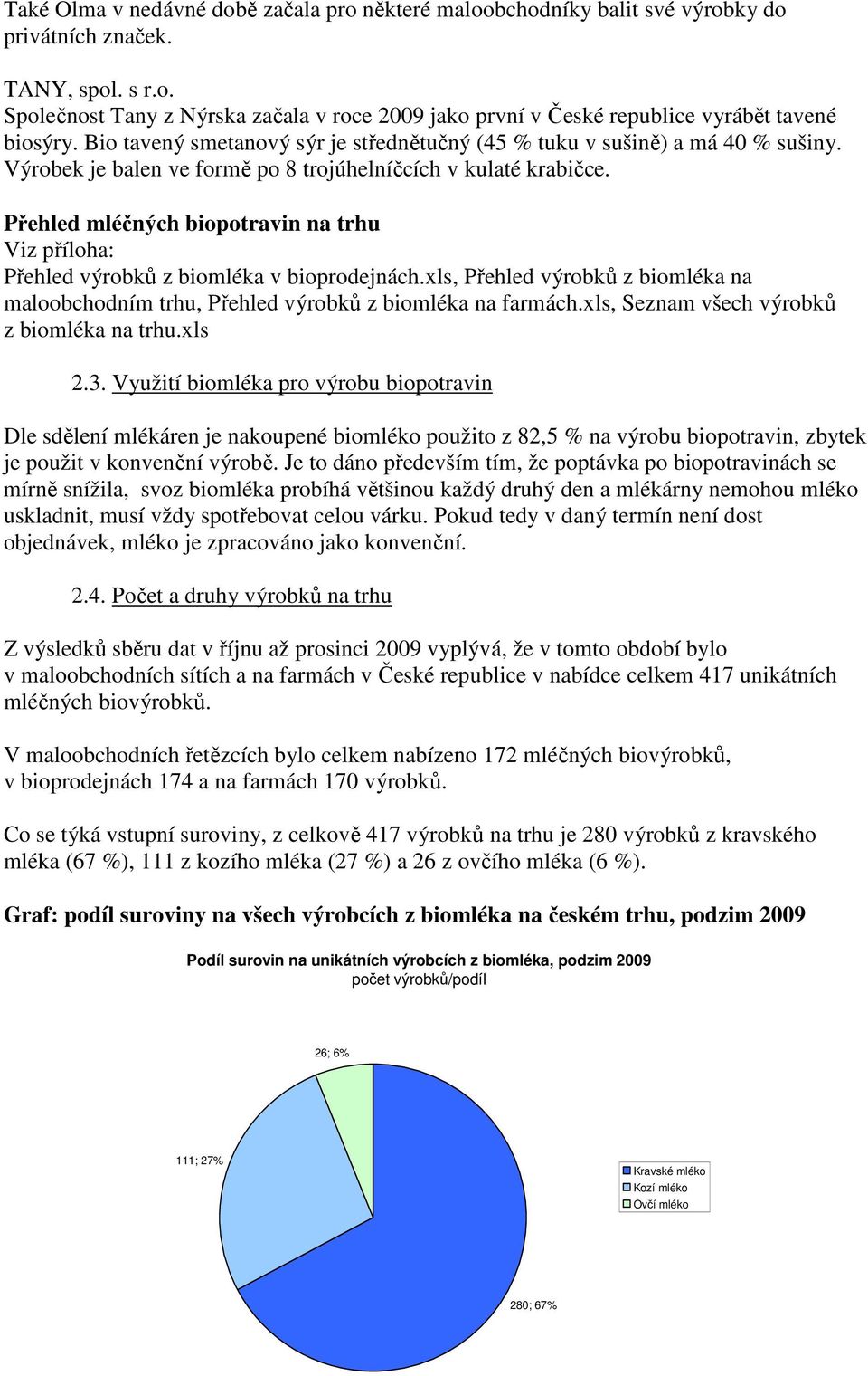 Přehled mléčných biopotravin na trhu Viz příloha: Přehled výrobků z biomléka v bioprodejnách.xls, Přehled výrobků z biomléka na maloobchodním trhu, Přehled výrobků z biomléka na farmách.