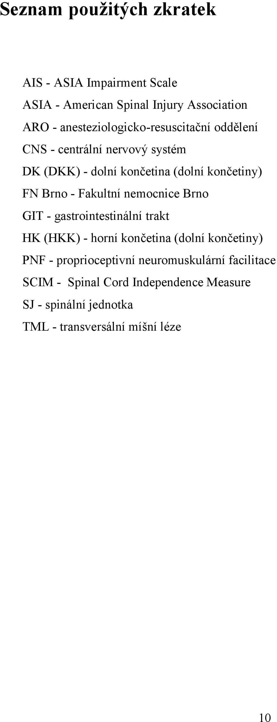 Brno - Fakultní nemocnice Brno GIT - gastrointestinální trakt HK (HKK) - horní končetina (dolní končetiny) PNF -