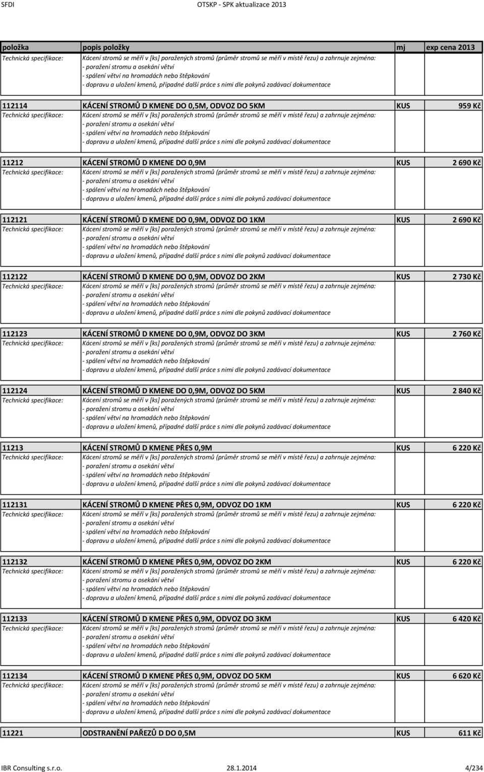 zadávací dokumentace 11212 KÁCENÍ STROMŮ D KMENE DO 0,9M KUS 2 690 Kč  uložení kmenů, případné další práce s nimi dle pokynů zadávací dokumentace 112121 KÁCENÍ STROMŮ D KMENE DO 0,9M, ODVOZ DO 1KM