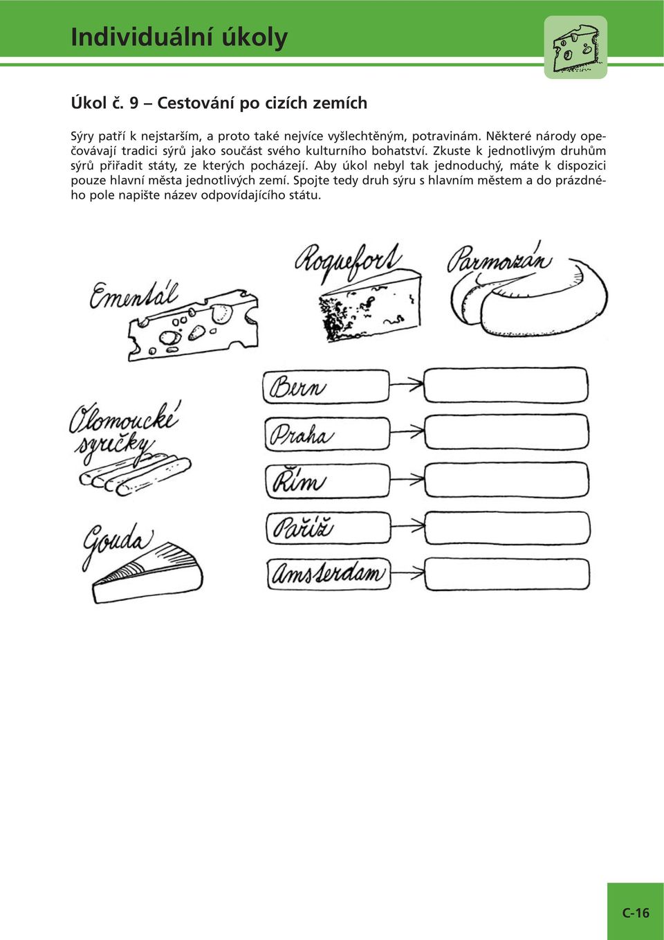 Zkuste k jednotlivým druhům sýrů přiřadit státy, ze kterých pocházejí.