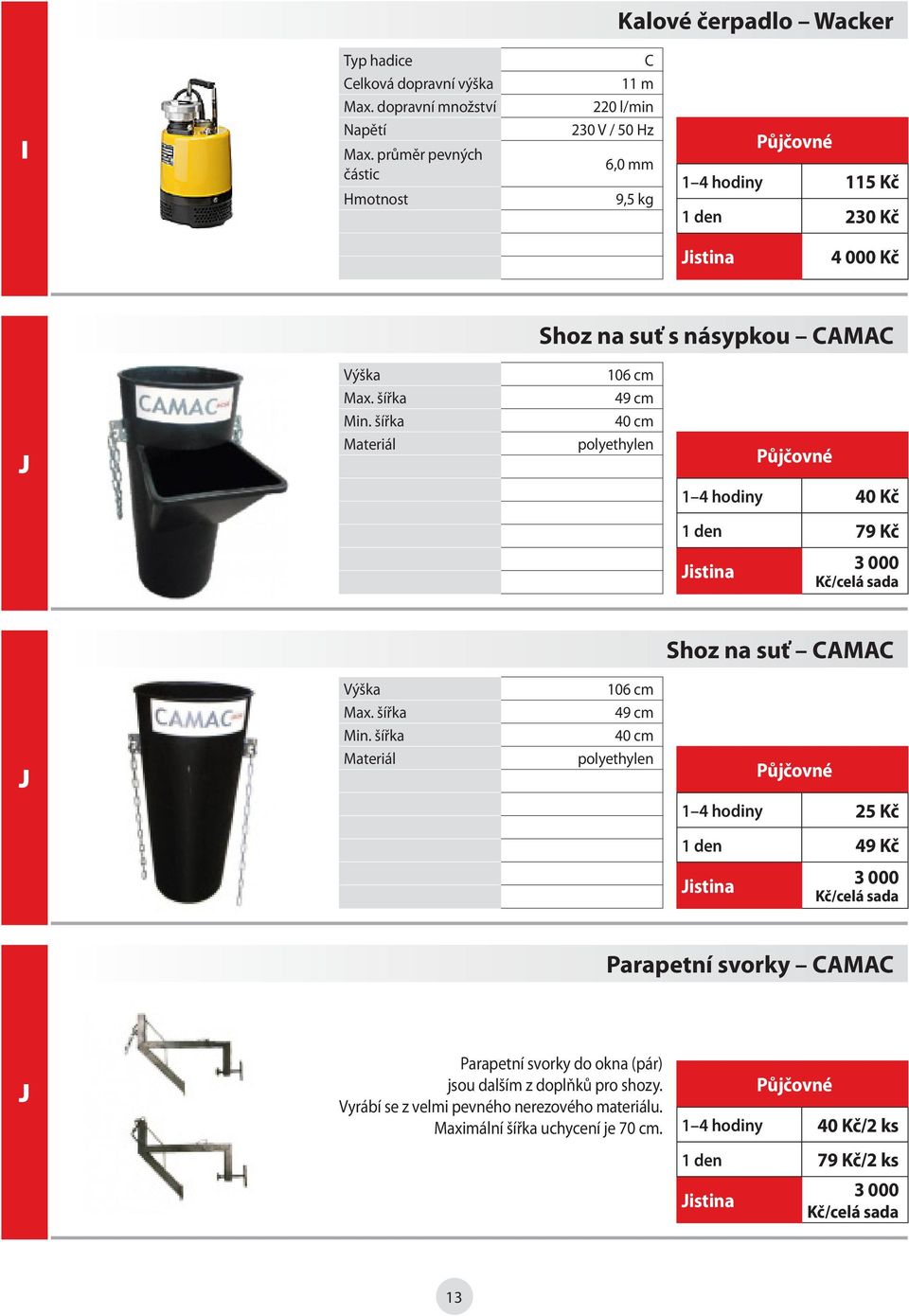 šířka 40 cm J Materiál polyethylen 1 4 hodiny 40 Kč 1 den 79 Kč 3 000 Kč/celá sada Shoz na suť CAMAC Výška 106 cm Max. šířka 49 cm Min.