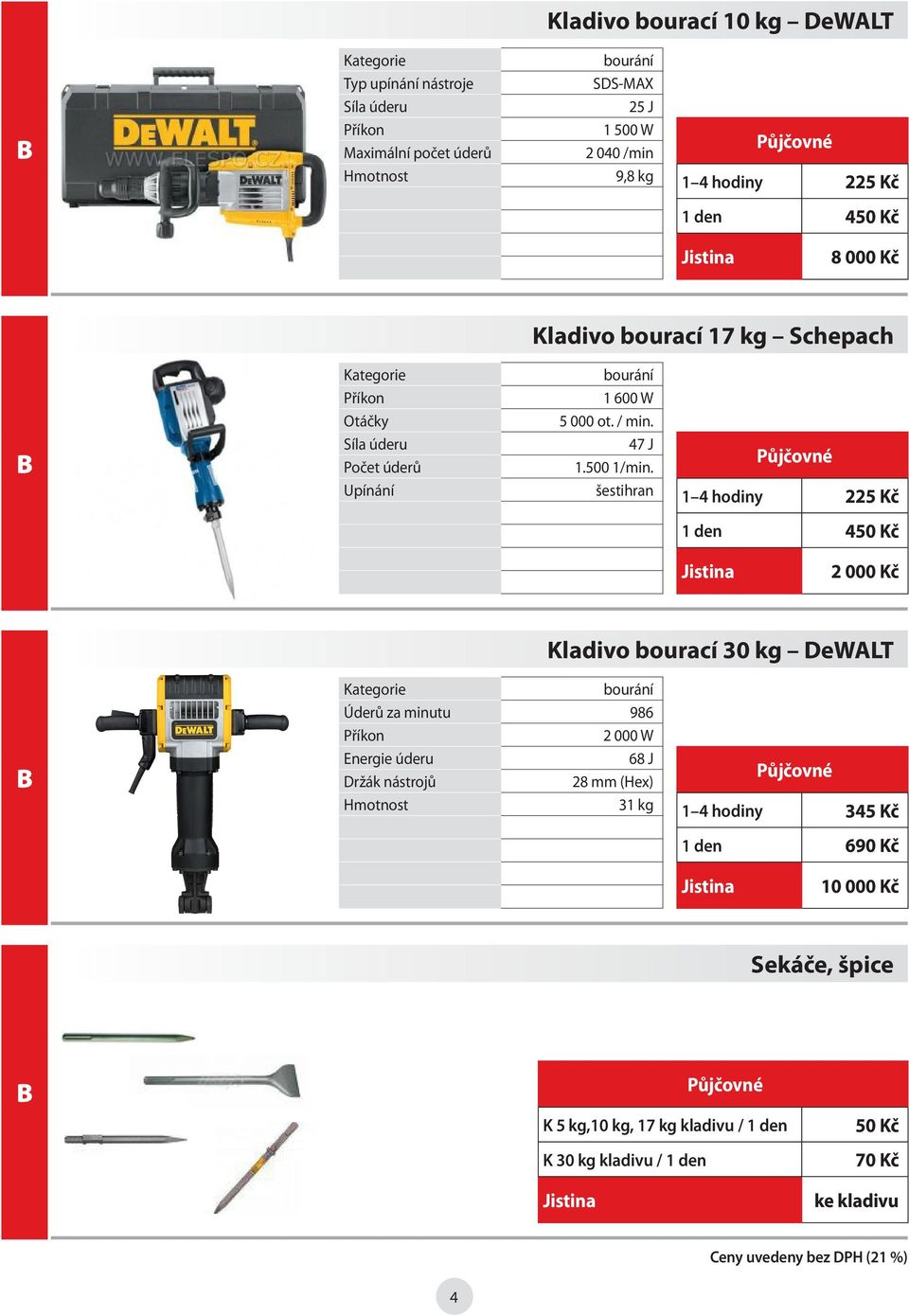 Upínání šestihran 1 4 hodiny 225 Kč 1 den 450 Kč 2 000 Kč Kladivo bourací 30 kg DeWALT B Kategorie bourání Úderů za minutu 986 2 000 W Energie úderu 68 J