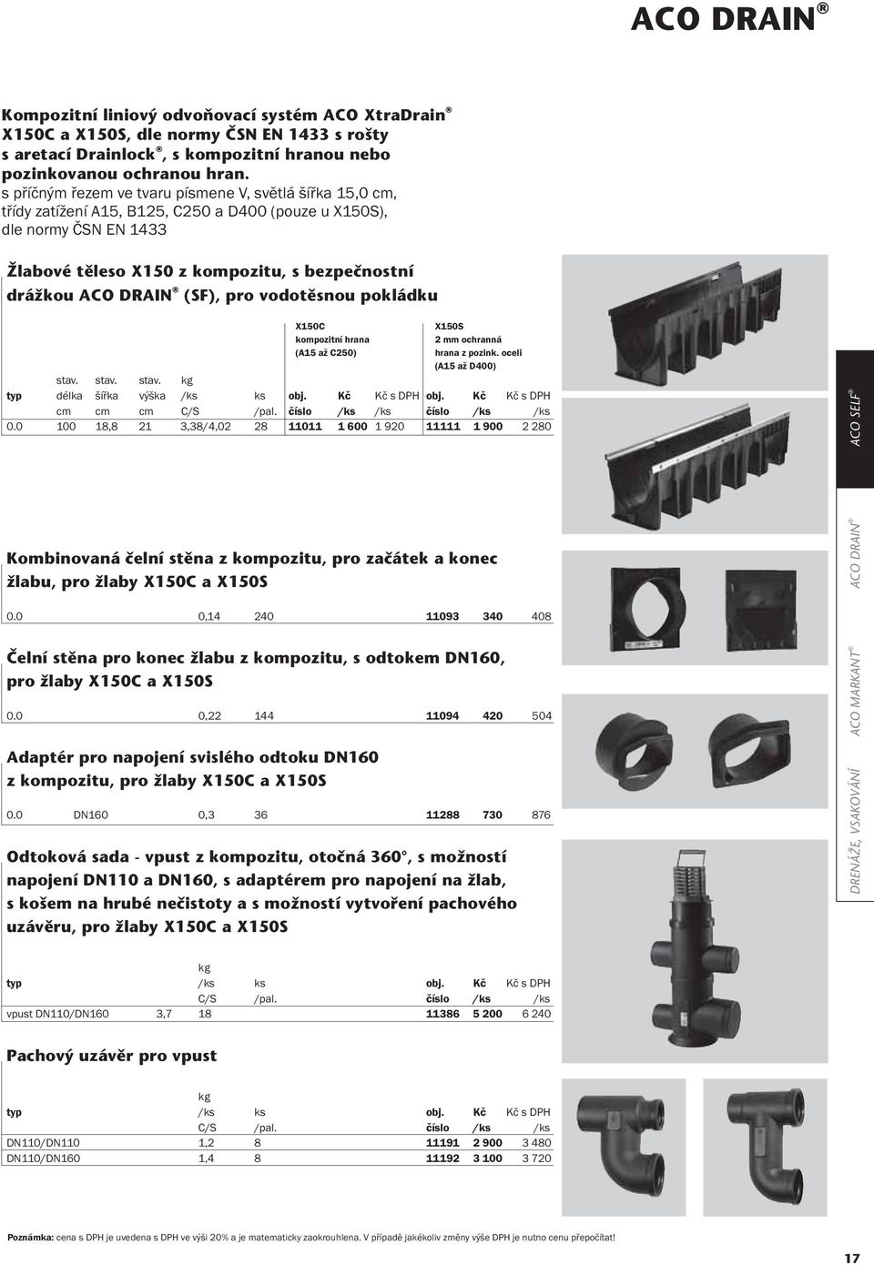 (SF), pro vodotěsnou pokládku X150C kompozitní hrana (A15 až C250) X150S 2 mm ochranná hrana z pozink. oceli (A15 až D400) stav. stav. stav. kg typ délka šířka výška ks obj. Kč obj. Kč C/S /pal.