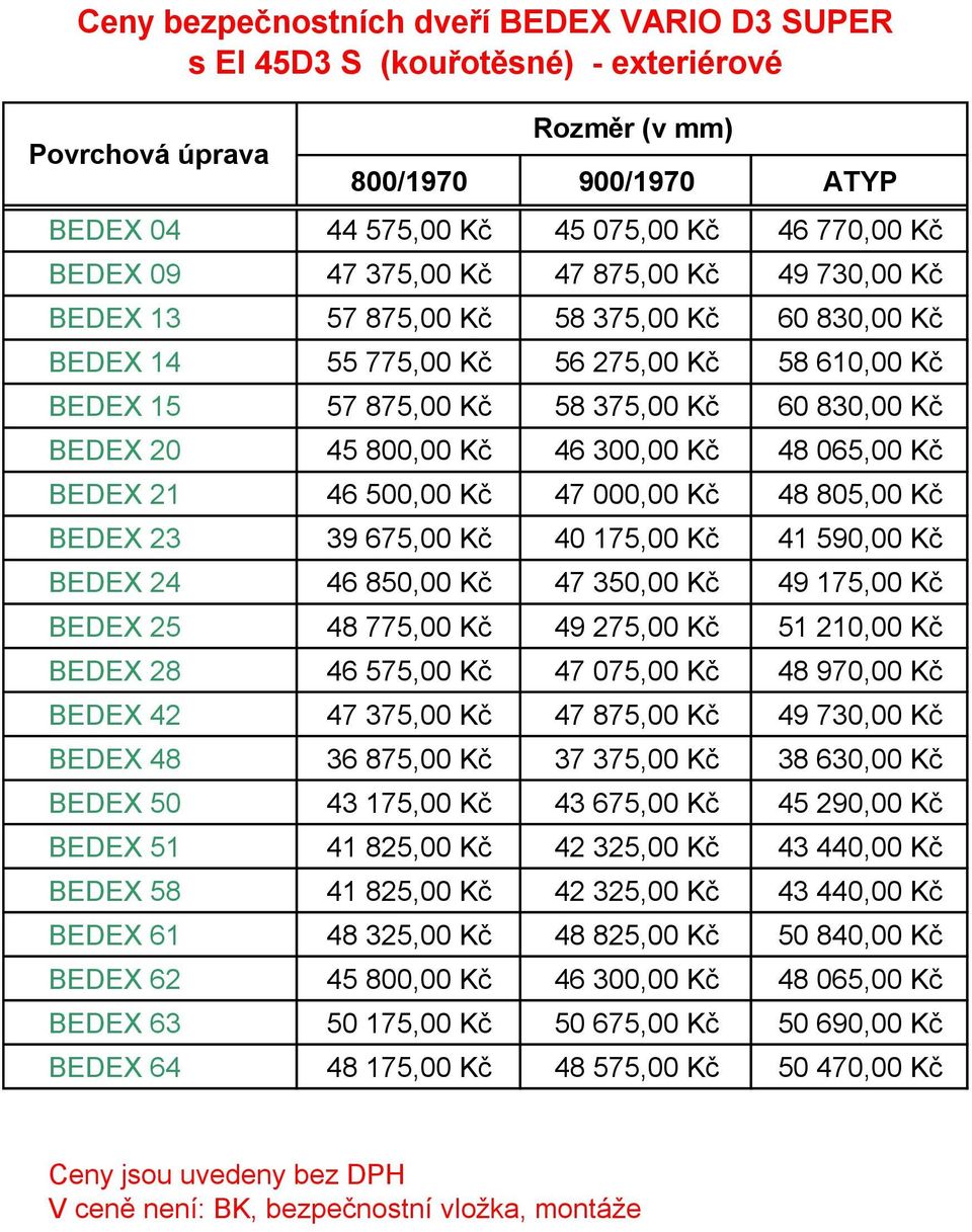 Kč 46 300,00 Kč 48 065,00 Kč BEDEX 21 46 500,00 Kč 47 000,00 Kč 48 805,00 Kč BEDEX 23 39 675,00 Kč 40 175,00 Kč 41 590,00 Kč BEDEX 24 46 850,00 Kč 47 350,00 Kč 49 175,00 Kč BEDEX 25 48 775,00 Kč 49